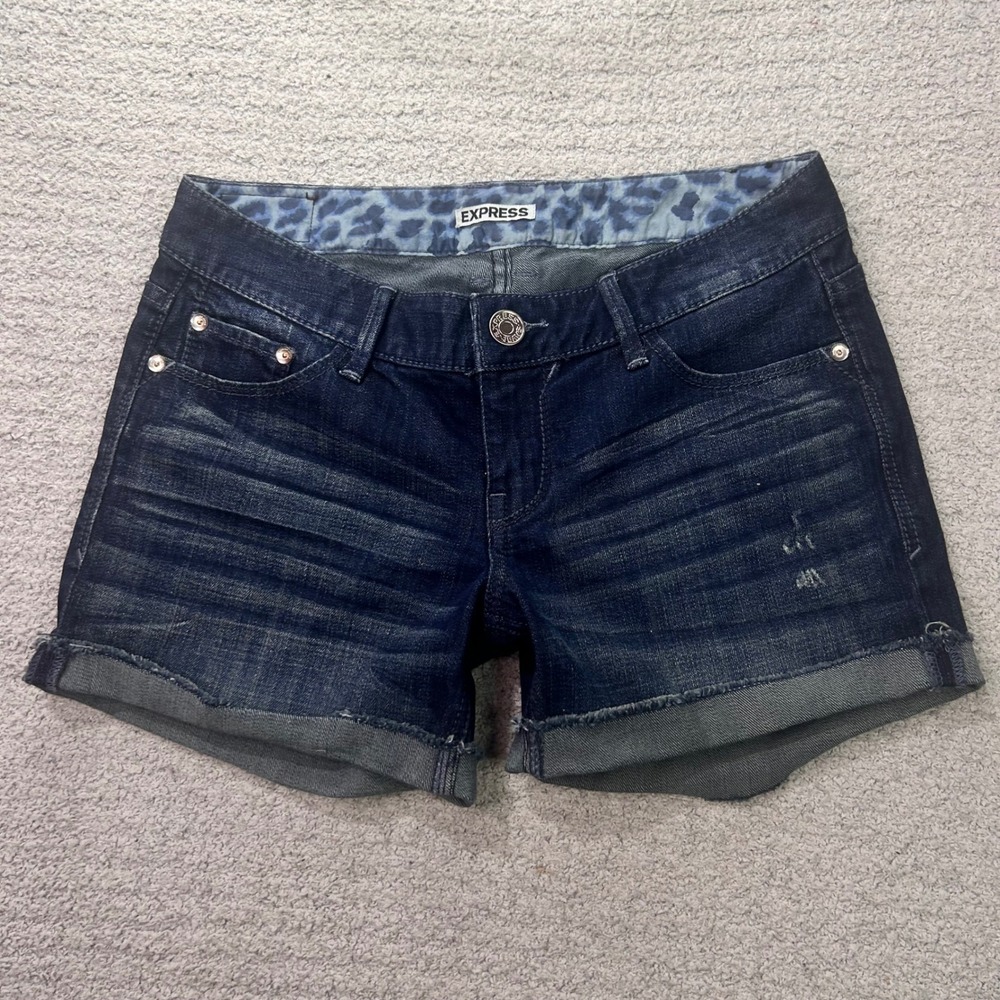Express Denim Shorts Distressed Dark Wash Size 2 Y2K Indie Sleaze Boho Retro